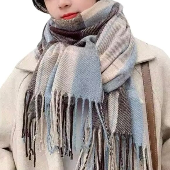 NEW Large Plaid Cashmere Scarf Blue Cream Brown Fringe Winter Wrap Pashmina - Picture 8 of 8